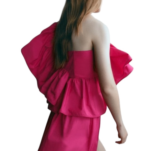 NWT Zara Fuschia Pink Voluminous Asymmetric One Shoulder Ruffled Crop Top - M - Picture 5 of 16
